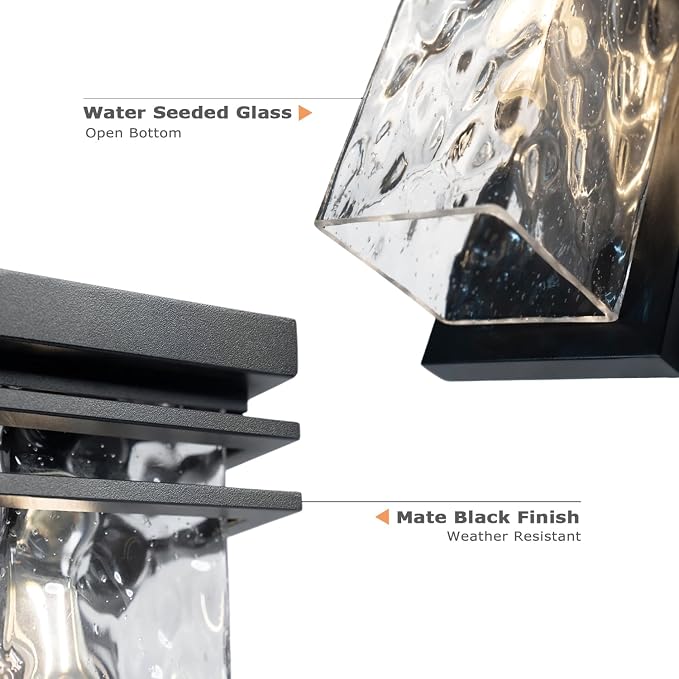 Modern Outdoor Wall Sconce Exterior Porch Light Fixture for House | 12 in. Black, Water Seeded Glass, Open Bottom, Waterproof Patio Lighting, 1 Pack