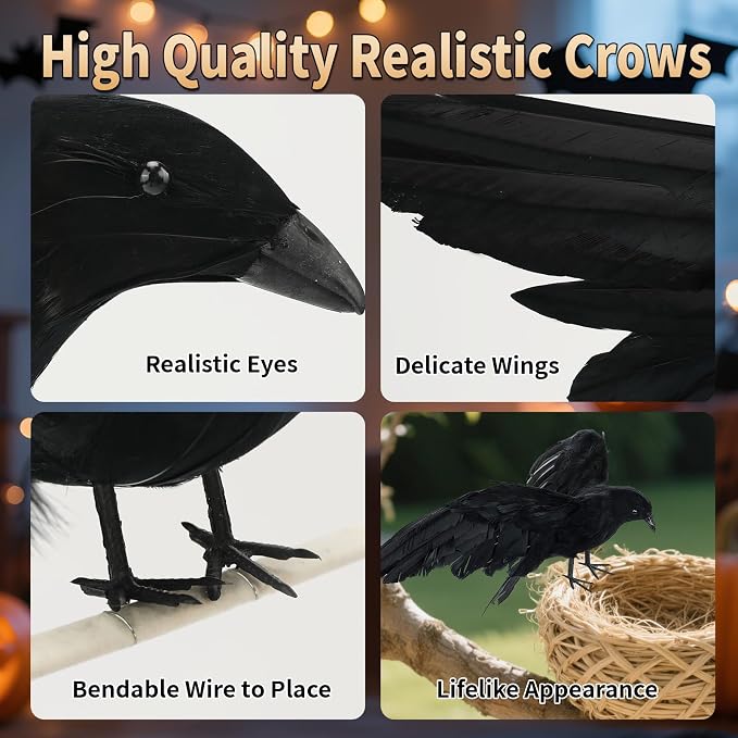 Black Fake Crows Halloween Decorations, 2 Pcs Large Realistic Feather Crows | Fake Crow Decor for Halloween Decor Birds, Plastic Stuffed Crow Prop Decoration Outdoor Indoor Tree Fence, 11 Inch