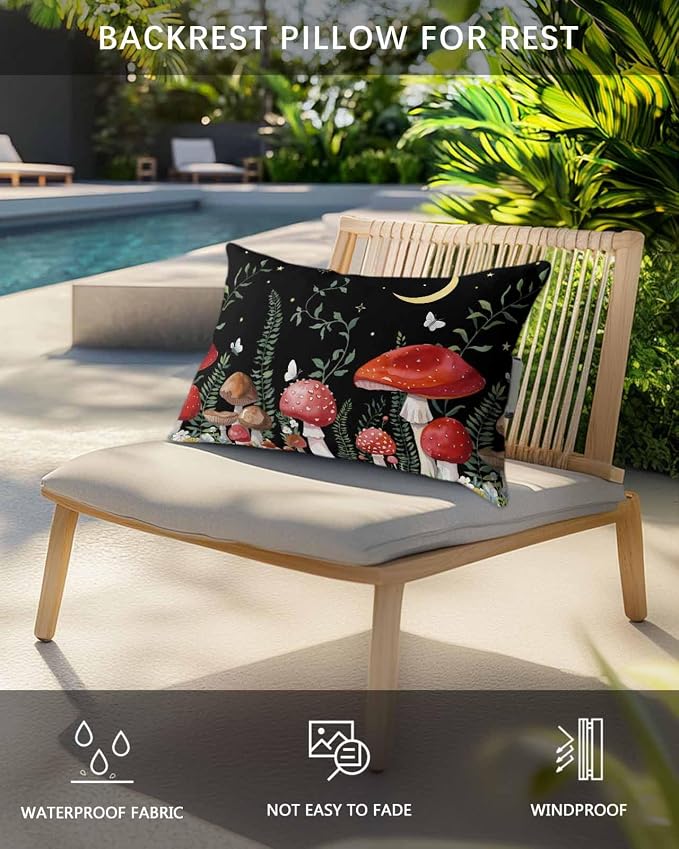 Outdoor Pillows Covers with Inserts Mushroom Plant in Starry Sky Moon Waterproof Recliner Pillow with Adjustable Strap Throw Pillows for Patio Furniture Pool Lounge Chair, 11x16 inch, 1PCS