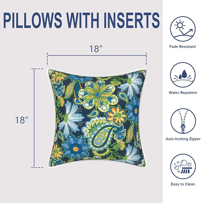 Outdoor Throw Pillows Inners, Fade Resistant Patio Furniture Square Pillows with Piping Set of 2 for Patio Furniture, 18x18 Inch, Wonder Garden