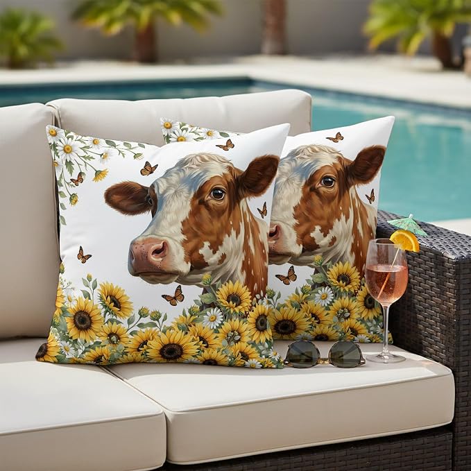 Cow Animal Outdoor Pillow Covers 18"x18" Set of 2, Yellow Sunflower Farmhouse Daisy Butterfly Waterproof Throw Pillow Covers for Patio Furniture, Decorative Cushion Covers for Porch