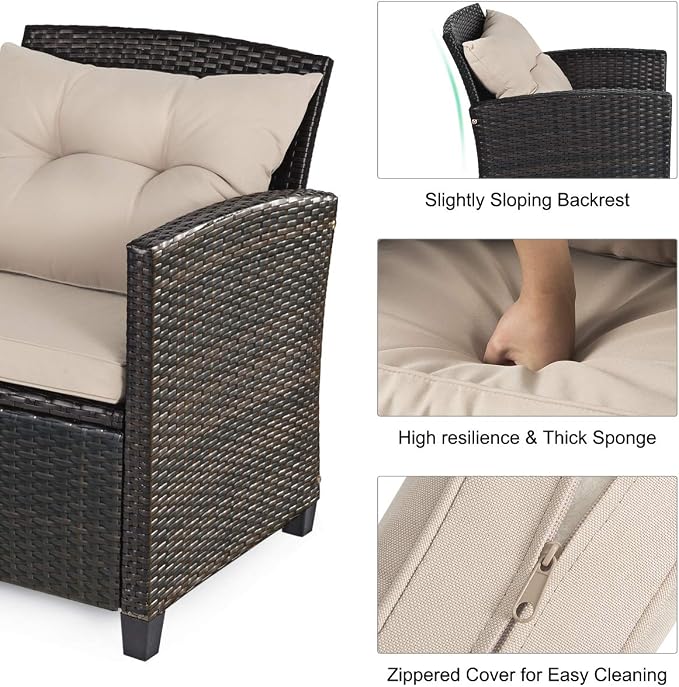 Tangkula 4-Piece Outdoor Rattan Furniture Set, PE Rattan Wicker Sectional Sofa with Loveseat Chair & Glass Table, Patio Cushioned Conversation Sets for Backyard Porch Garden Poolside (1, Brown)