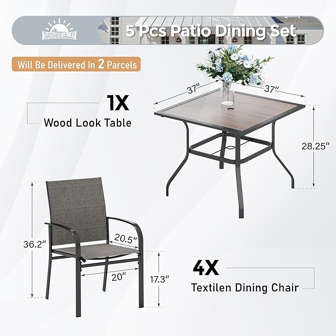 SUNSHINE VALLEY 5 Piece Patio Dining Set for 4, 37”x37” Square Table (PVC Wood-Like Table Top) with 1.57" Umbrella Hole, 4 Metal Brown Chairs, Outdoor Table and Chairs Set for Lawn Backyard and Deck