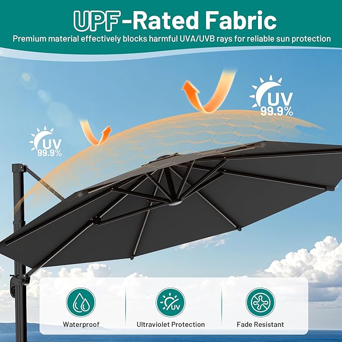 AreShark 11FT Round Cantilever Patio Umbrella with Base Included, 360° Rotation Offset Outdoor Umbrella, 5 Tilt Settings Heavy Duty Hanging Parasol for Deck Garden Pool, Grey