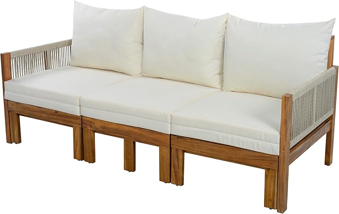 JIVOIT Outdoor Patio Daybed with Rope-Woven Armrests, Convertible Outdoor Sleeper Sofa with Acacia Wood Frame, 3 Seat Patio Sunbed for Backyard, Pool (Beige/85)