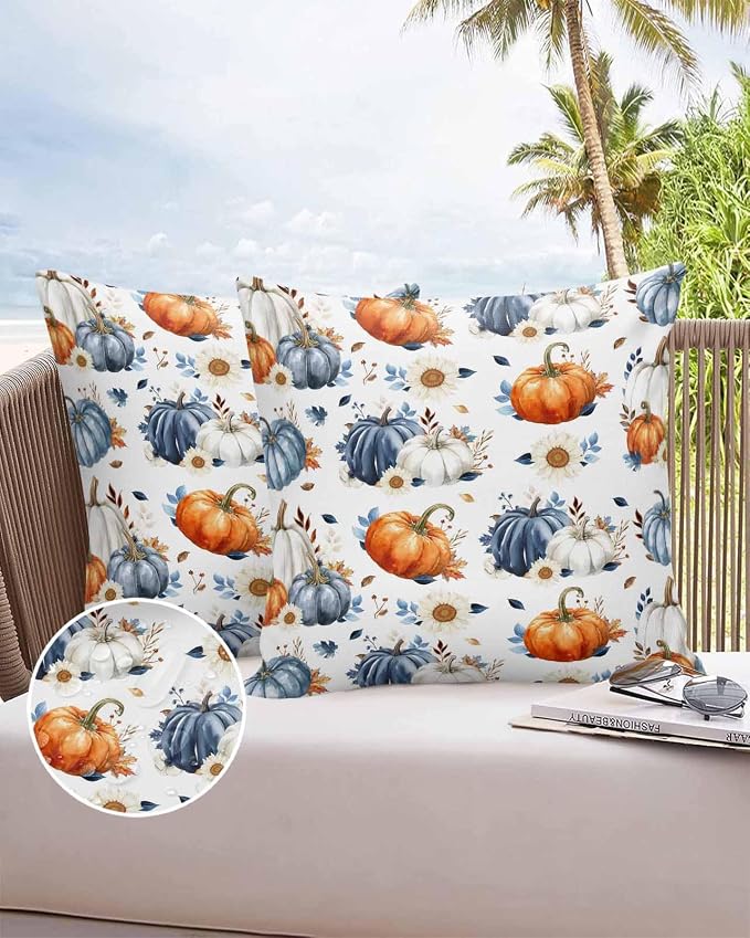 Fall Outdoor Throw Pillows Covers 16x16 inch Set of 2 Waterproof Orange Blue White Pumpkin Zippered Cushion Covers for Patio Furniture, Flowers Autumn Maple Leaf Thanksgiving Lumbar Pillowcases