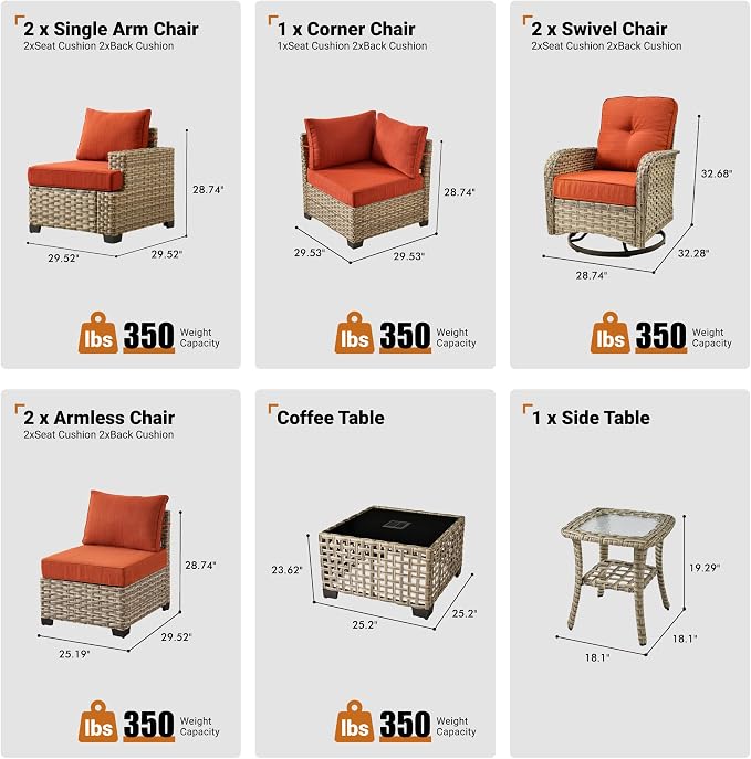 ovios 9 Piece Patio Sectional Furniture with Swivel Rocking Chairs, Rattan Wicker Coversation Couch Set, Outdoor Sofa Set for Outside Porch Balcony Backyard Pool, Orange