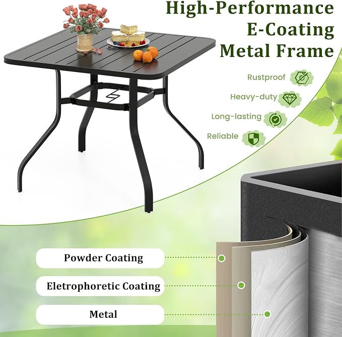 Tangkula 5 Pieces Metal Patio Dining Set, 37 Inches Square Dining Table with 4 Stackable Chairs, Slatted Table with Umbrella Hole, Outdoor Dining Furniture Set for Poolside, Deck, Backyard