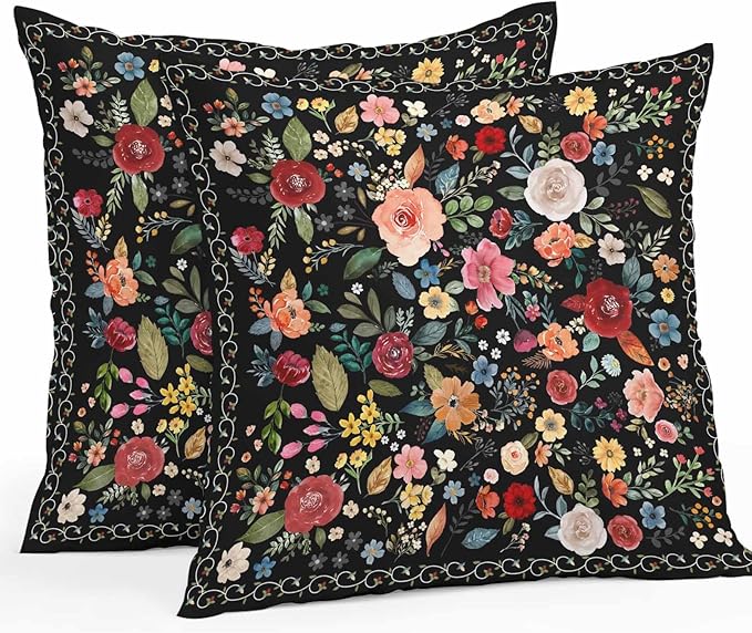 Watercolor Flowers Waterproof Outdoor Pillow Covers 24''x24'' Set of 2, Farmhouse Floral Patio Furniture Black Cushion Covers for Chairs, Decorative Vintage Wildflowers Pillow Cases for Garden/Pool