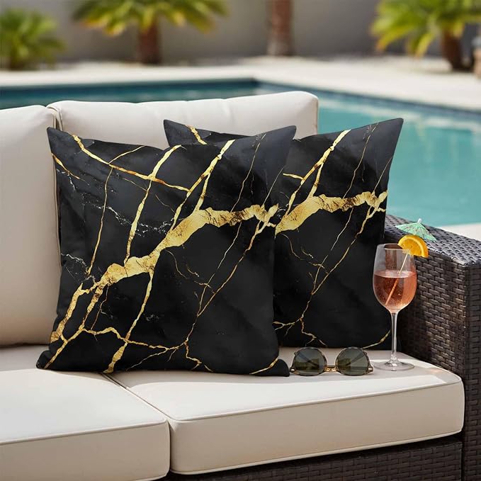 Outdoor Waterproof Pillow Covers 18x18Inch Marble Texture Throw Pillowcases for Patio Garden Couch Sofa Gold Line Black Decorative Cushin Case,Pack of 2