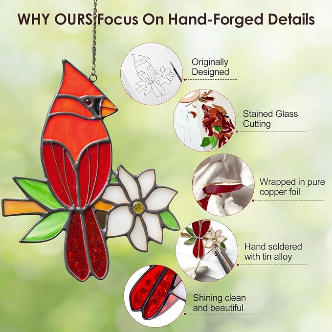 2 Pcs Cardinal Stained Glass Window Hanging Suncatchers, Sympathy Gifts for Loss of Loved One, Unique Nana Grandma Memorial Gift, Bird Decor & Christmas Ornament (6 Inch)