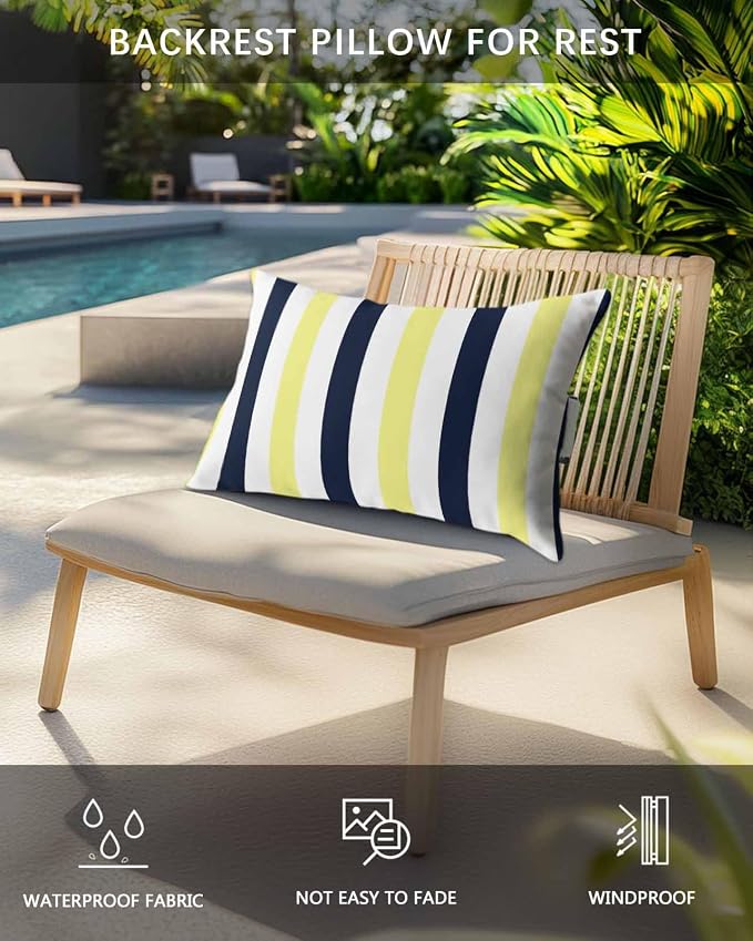 Pack of 2 Outdoor Lumbar Pillow Covers 11x16 Inch, Yellow Navy Blue Striped Waterproof Throw Pillow Covers Set, Farmhouse Stripe Art Indoor&Outdoor Decorative Cushion Cases for Patio Porch Beach