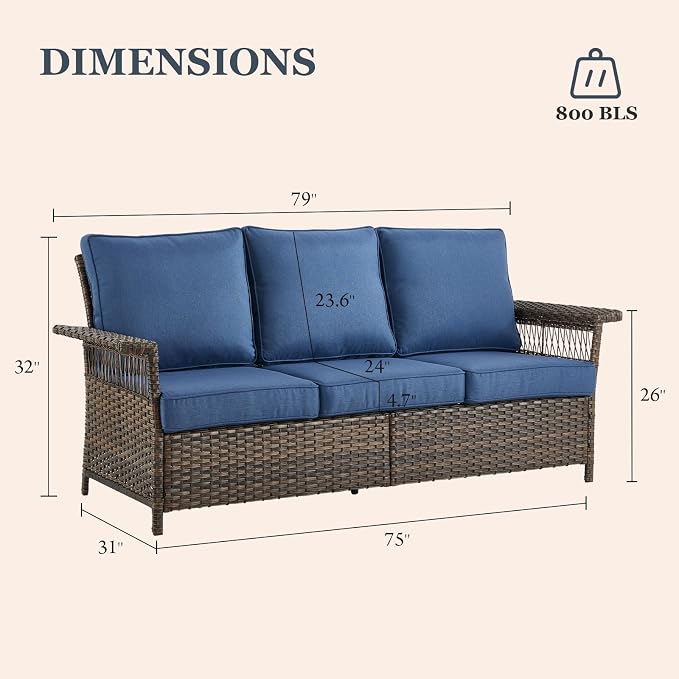 Patio Conversation Set: Wicker Sofa with 2 Rattan Ottomans, Blue Cushions, 3pcs for Patio, Garden, Balcony, Sunroom, Backyard, Deck, Poolside