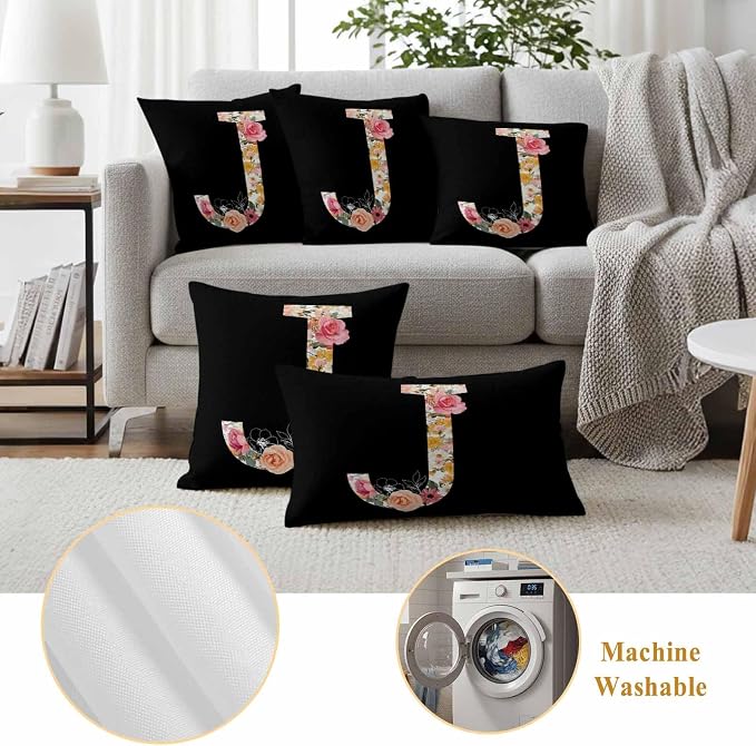 Black Letter J Flower Outdoor Pillow Covers Set of 2 Watercolor Alphabet J Pink Beige Floral Leaf Waterproof Throw Pillow Cover Decorative Cushion Cases for Patio Porch Garden 26X26 Inch