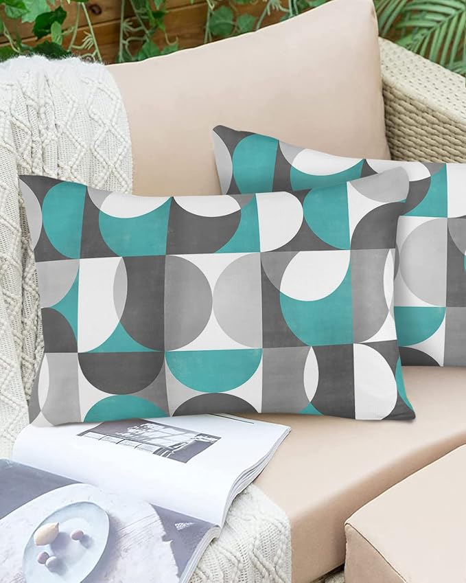 Vandarllin Outdoor Throw Pillows Covers 20x12 inch Set of 2 Waterproof Mid Century Geometric Decorative Zippered Cushion Covers for Patio Furniture, Abstract Modern Teal Lumbar Pillowcases