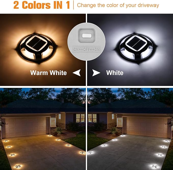 VOLISUN Solar Driveway Marker Lights Dock Marine Led Deck Outdoor 8 Pack | 2 Colors in 1,Solar Powered Waterproof Warning Step Lights for Pathway Garden Sidewalk(White/Warm White)