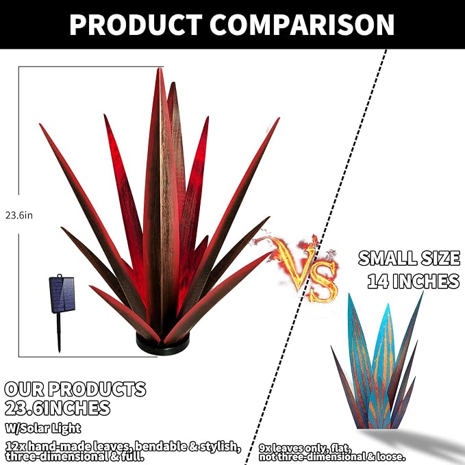 KODIBO 24" Large Metal Agave Plant Outdoor Decor with Solar Light, Red | Solar Garden Light, Outdoor-Resistant Metal, Tequila Rustic Sculpture, Mexican Style Garden Patio Decor, Housewarming Gift