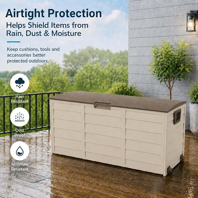 75 Gallon Resin Deck Box, Waterproof Outdoor Storage Box with Wheels, Lockable Lid and Handles, Large Deck Storage for Outdoor Gear, Patio Furniture Cushion, Gardening Tools, Brown