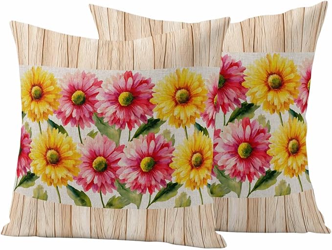 Yellow Pink Daisy Outdoor Pillow Covers 18"x18" Set of 2, Rustic Farmhouse Boho Brown Wood Grain Waterproof Throw Pillow Covers for Patio Furniture, Decorative Cushion Covers for Porch