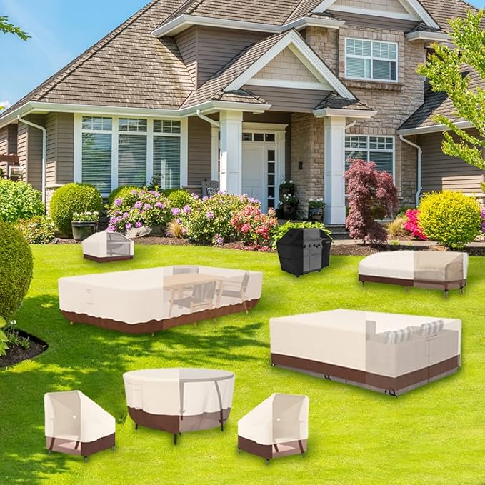 Tuyeho Patio Furniture Cover 74 x 48 x 28 inch, Durable Heavy Duty Oxford Fabric Outdoor Rectangular Table Cover , Waterproof & Weather Resistant for Your Coffee Table and Chairs (Beige & Brown)