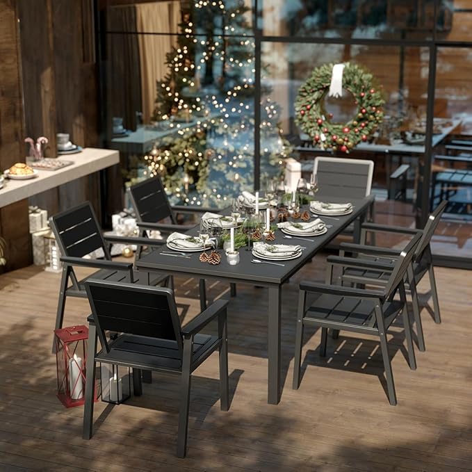 7-Piece Patio Dining Set, Aluminum & HDPE Outdoor Table and Chairs, Weather-Resistant All-Season Backyard & Deck Dining Furniture with 2" Umbrella Hole (Black)