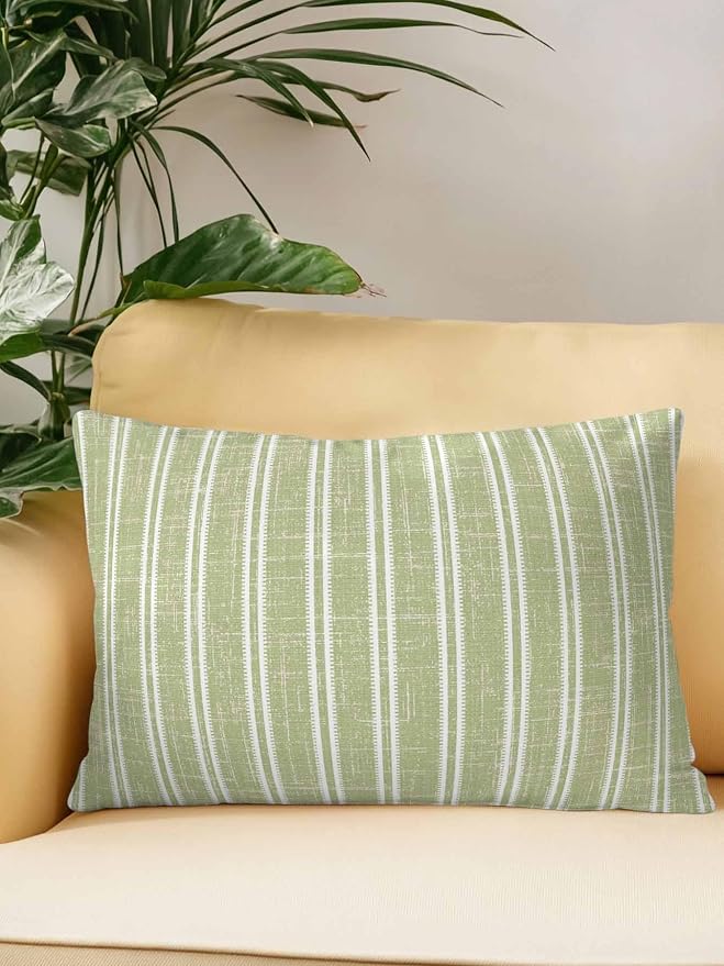 Waterproof Outdoor Pillow 1 Pack Sage Green Linen Striped Decorative Throw Pillows Cover & Insert 20x12 Inch Lumbar Pillowcase Vertical Stripes Lines Pillows for Couch Sofa Bed Patio Furniture