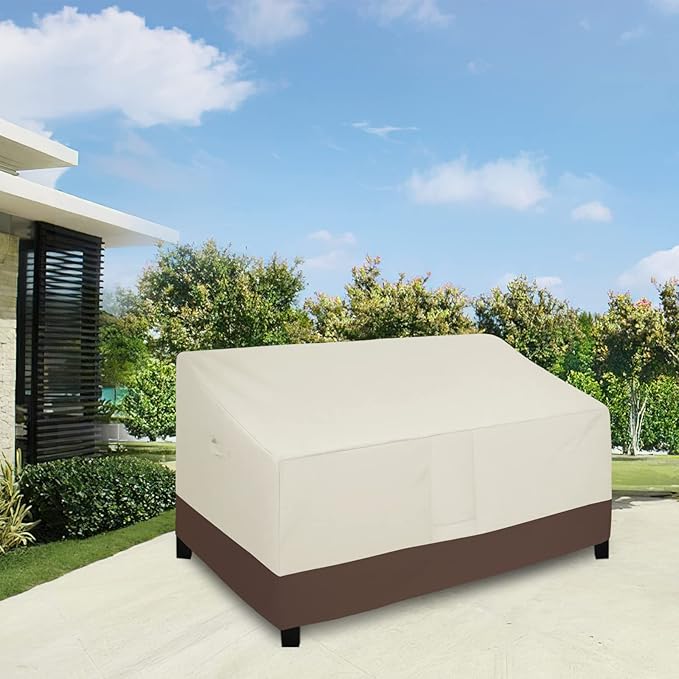 Easy-Going Waterproof Outdoor Couch Cover, Heavy Duty 3-Seater Patio Sofa Cover, Winchdproof Outdoor Furniture Cover with Air Vent (95Wx40Dx35H inch, Beige/Dark Brown)