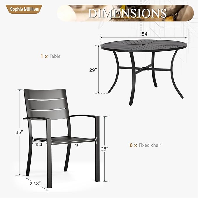 Sophia & William Round Patio Table and Chairs Set, Outdoor Dining Set for 6, 7 Piece Metal Patio Furniture, 54" Black Table