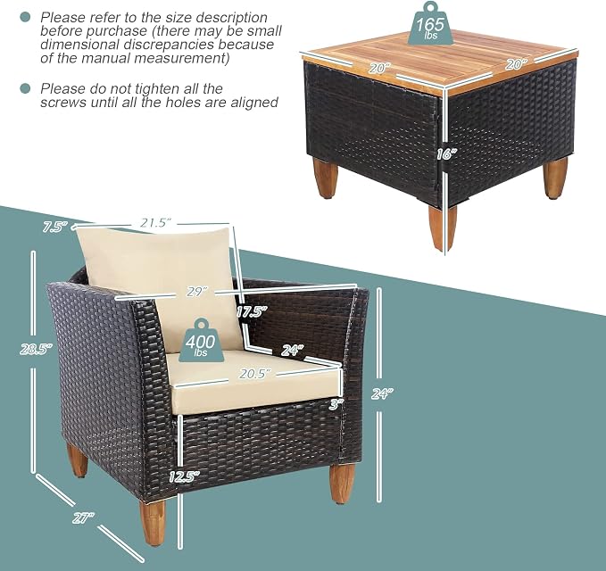 Tangkula 3-Piece Patio Furniture Set, Patiojoy Outdoor PE Wicker Bistro Set with Soft Cushions and Solid Acacia Wood, Outdoor Conversation Set with Porch, Balcony and Garden (Beige)