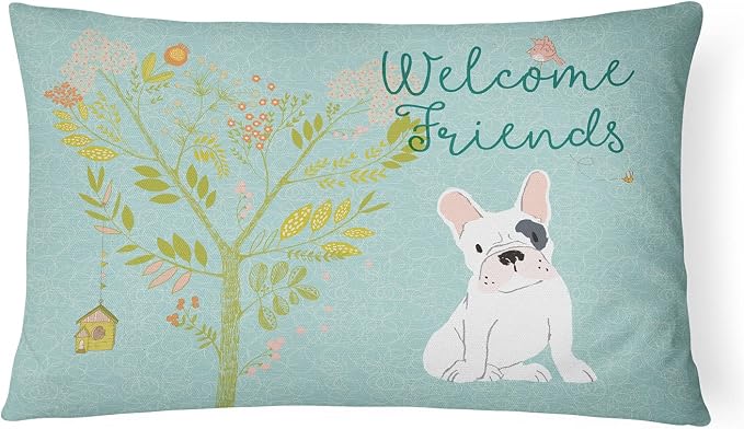 Caroline's Treasures BB7634PW1216 Welcome Friends Piebald French Bulldog Canvas Fabric Decorative Pillow Machine Washable, Indoor Outdoor Decorative Pillow for Couch, Bed or Patio, 12HX16W