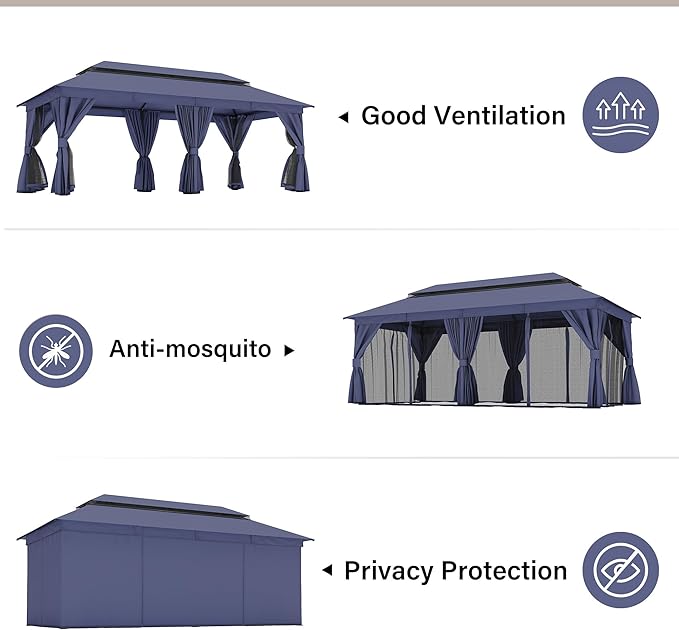 LAUSAINT HOME Patio Gazebo 10'x20', Outdoor Heavy Duty Party Tent Shelter with Double Roofs, Mosquito Nettings and Privacy Screens for Backyard, Garden, Lawn, Navy Blue