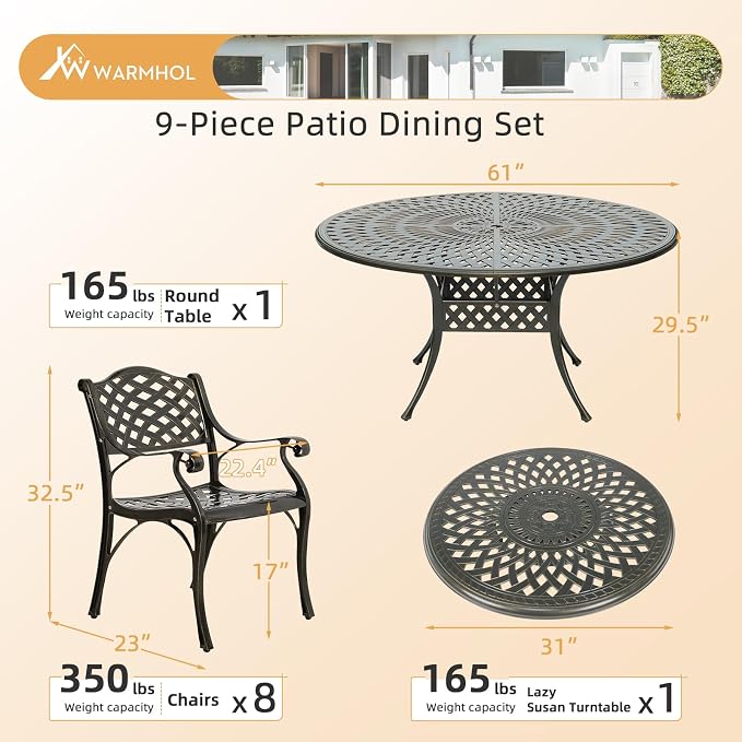 9-Piece Patio Furniture Dining Set, All Weather Cast Aluminum Outdoor Conversation Set- 8 Chairs & 61" Round Patio Dining Table with Detachable Lazy Susan, 2" Umbrella Hole, Dark Bronze