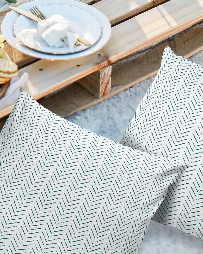 Turquoise Striped Outdoor Pillow Covers Waterproof,All Weather Cushion Case Set of 2 Decorative Pillowcases for Sofa Couch Bed Decor Patio Furniture 18"x18" White Geometric Minimalist Boho Striped