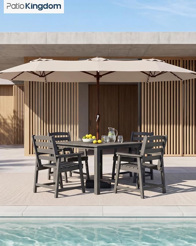 HDPE Outdoor Dining Set for 4, Square Table and Chairs, Grey | All-Weather HDPE, Wood Grain Finish, 42.5" Square Table, Built-In Umbrella Hole, Seats 4, Patio & Poolside Ready
