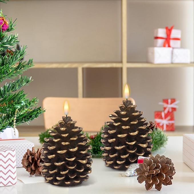 DRomance Flameless Pinecone Candles Battery Operated with 6 Hour Timer Set of 2 Real Brown Wax 3D Wick LED Flickering Pillar Candles Christmas Holiday Decor(Gold, 3.5 x 6 Inch)