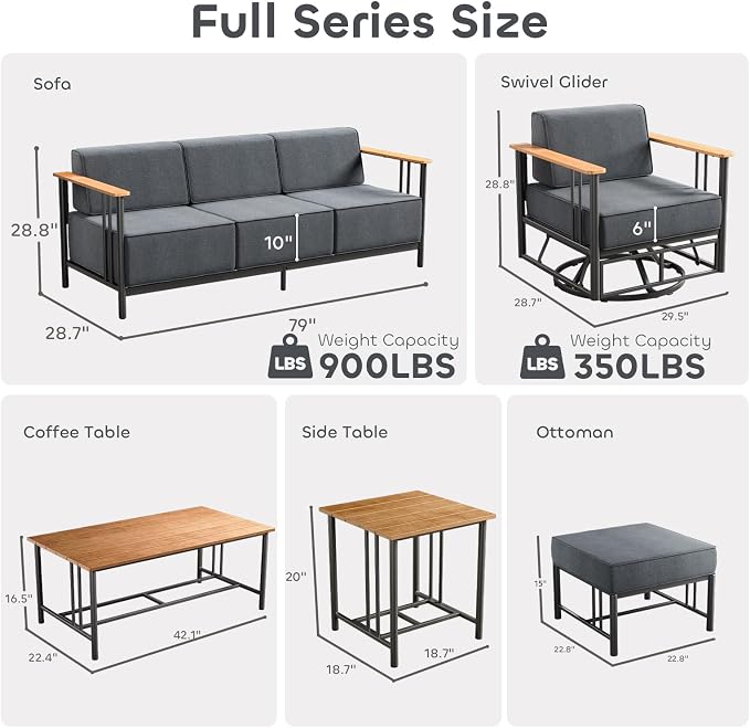 Luxury Outdoor Furniture Set with Swivel Chairs, 7 PCS Patio Furniture Set with 6" Extra Thick Cushions, Suitable for Porch, Balcony, Deck, Patio, Yard, Poolside, Black/Grey