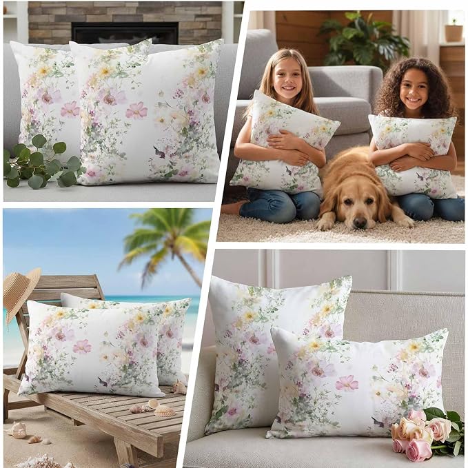Watercolor Flowers Outdoor Waterproof Throw Pillow Covers Set of 2, 20"x20", Spring Retro Floral Purple Green Yellow Decorative Pillow Covers Outside Cushion Case for Patio Porch Garden