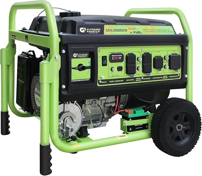 Green-Power America Portable Generator GN13000DEW 13000 Watt Gas & Propane Dual Fuel Electric Start RV Ready 50A Outlet - Home Emergency Backup Camping & Outdoor Residential Use - Safe & Reliable