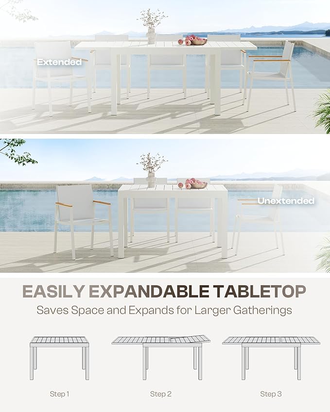 Outdoor Aluminum Patio Dining Table Set for 8 Person, Expandable Outdoor Table and 8 Chairs with Textilene Fabric & HDPS Armrest, All-Weather Patio Furniture Set for Yard, Garden, White