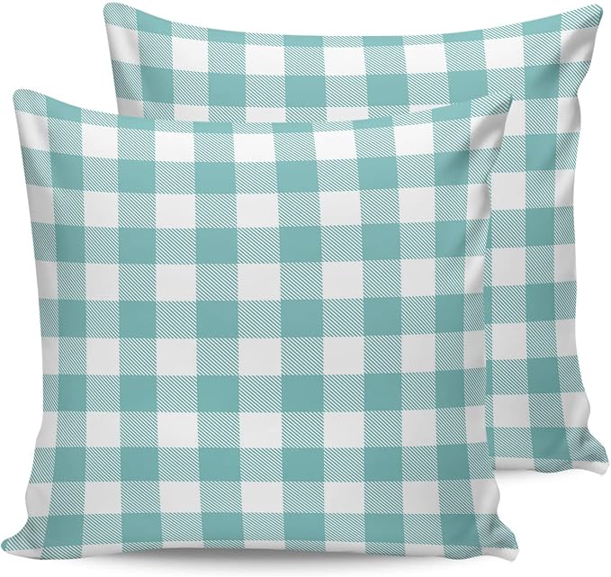 Outdoor Waterproof Throw Pillow Covers Set of 2 Teal Green White Check Plaid Pillowcases 18x18 Inches Farmhouse Style Patio Decorative Pillows Cushion Case Patio Pillows for Couch Bed Chair Garden