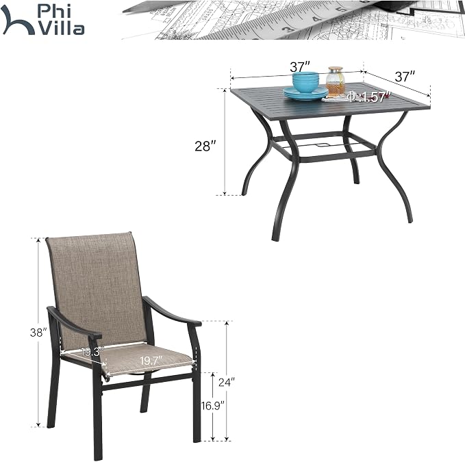 PHI VILLA 5 pcs Patio Dining Table and Chairs, 4 Outdoor Dining Chairs and Metal Square Table,with Sling Fabric and Sturdy Frame,Black Frame with E-Coating,Sling Outdoor Furniture
