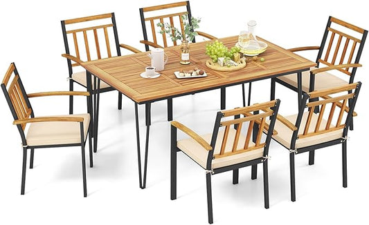 Tangkula 7 Pieces Patio Dining Set with Acacia Wood Dining Table & Armchairs, Soft Cushions, 2” Umbrella Hole, Outdoor Dining Furniture Set for Porch, Backyard, Garden, Poolside