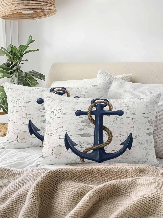 Outdoor Waterproof Throw Pillows 12x20in, Coastal Blue Anchor Patio Pillows Pack of 2,Decorative Pillow Covers with Insert,Pillow Cushion Case for Garden Couch Sofa Summer Nautical Theme Retro Style