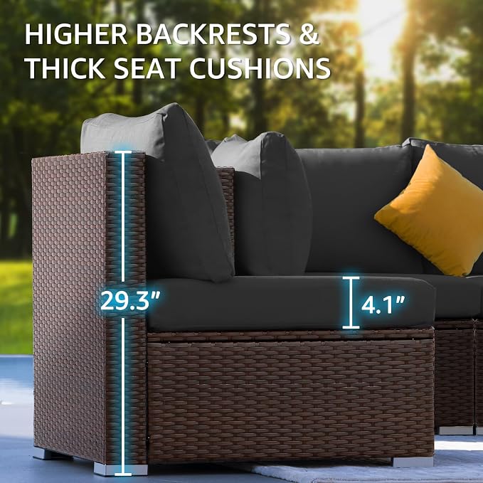 NICESOUL 13 Piece Patio Furniture w/Fireplace, Elegant Outdoor Seating w/Firepit, XL 29.3'' High Back Sectional Sofa, All-Weather Rattan Deck Couch, Modular Sturdy Conversation Set, Brown & Gray