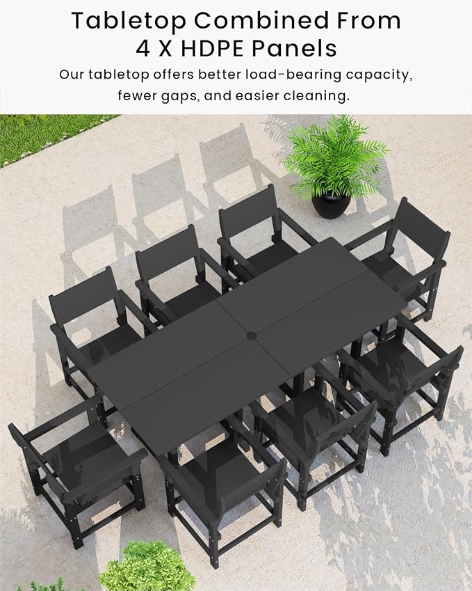9-Piece HDPE Outdoor Dining Set, Weatherproof Patio Table and Chairs Set for 8, Includes 82.7'' Dining Table and 6 Armchairs, with Umbrella Hole (Black)