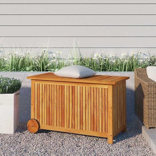 Natural Acacia Wood Garden Storage Box with Wheels, Water Resistant Outdoor Storage Container for Cushions Blankets Tools, Medium Rectangular Rustic Style Organizer