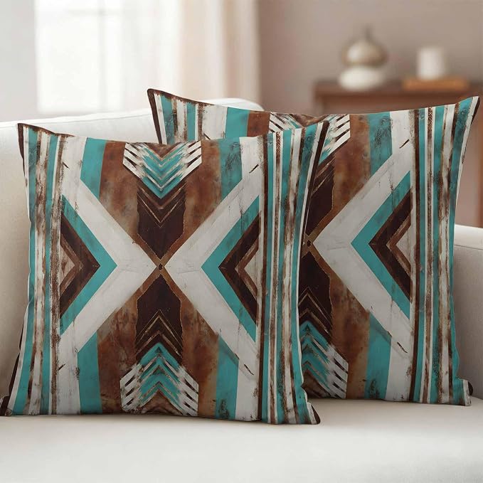 Aztec Southwestern Outdoor Pillow Covers 18"x18" Set of 2, Vintage Abstract Brown Turquoise Diamond Waterproof Throw Pillow Covers for Patio Furniture, Decorative Cushion Covers for Porch