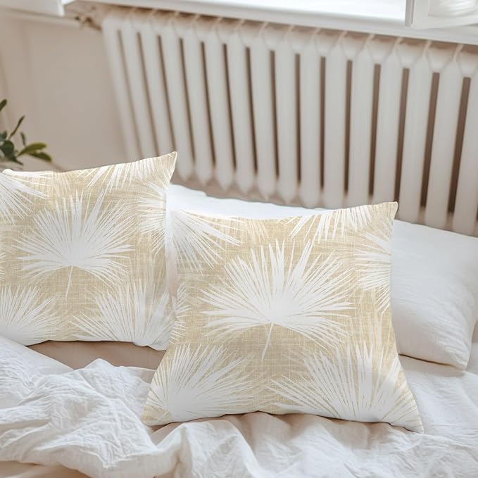 Throw Pillow Covers 18x18 Inch Set of 2, Cream Palm Leaves Coastal Waterproof Outdoor Pillow Covers, Summer Tropical Botanical Boho Decorative Cushion Pillowcases for Couch, Sofa, Bed, Garden, Patio