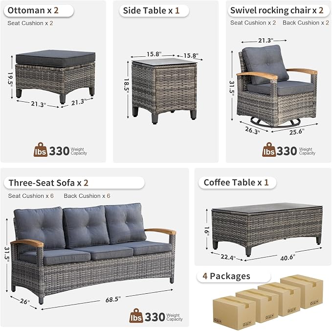 MEISSALIVVE 8 Pieces Patio Furniture Sets,Wicker Patio Conversation Sets with 2 Wood Armrests Swivel Glide Chairs, Outdoor Conversation Set for Deck Yard and Poolside (Grey)
