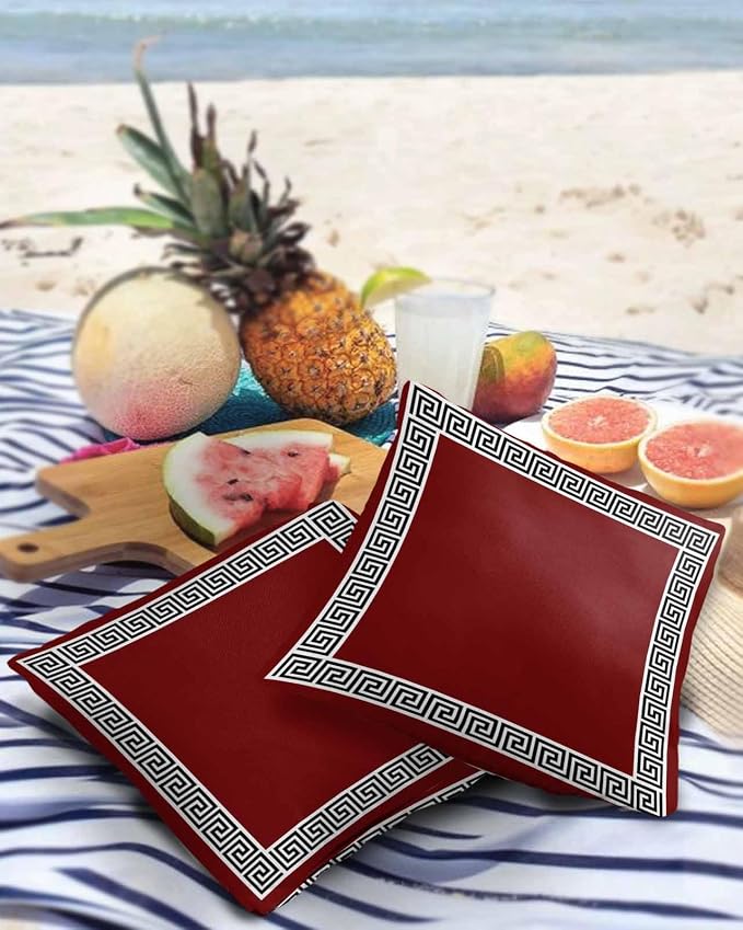 Prime Leader Outdoor Waterproof Pillow Covers Set of 2, Chinese Style Pattern Red Background Patio Throw Pillow Covers, Decorative Cushion Case for Couch Sofa Furniture Garden, 16x16 Inch